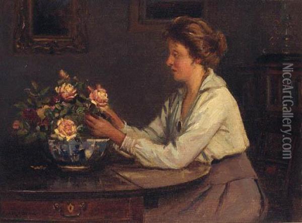Arranging The Roses Oil Painting - Ernest Higgins Rigg