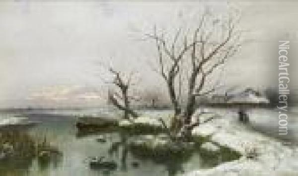 The Snowy Banks Of The River Oil Painting - Iulii Iul'evich (Julius) Klever