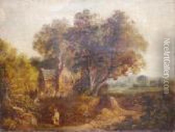 Rural Landscape With Woman Before A Cottage Oil Painting - John Constable