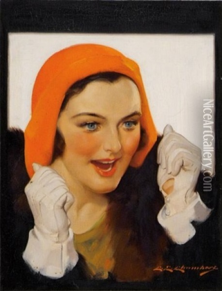 Excited Woman In Orange Hat And White Gloves Oil Painting - Charles Edward Chambers