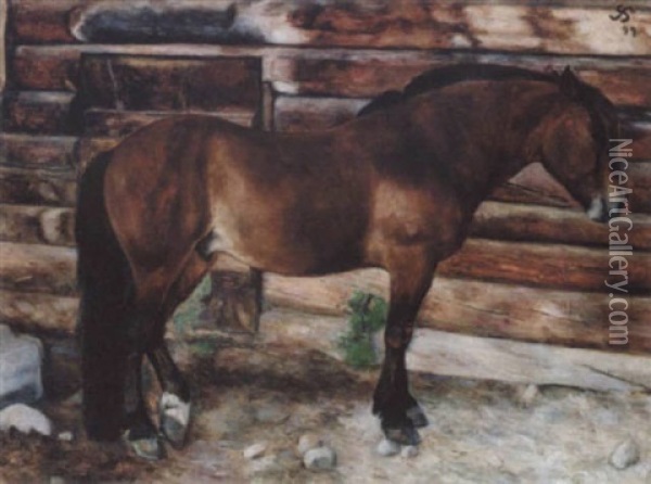 Hest Foran En Bjaelkehytte Oil Painting - Sigmund Sinding