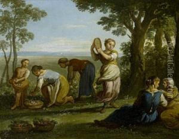 Maidens Picking Flowers In A Woodland Landscape Oil Painting - Paolo Monaldi