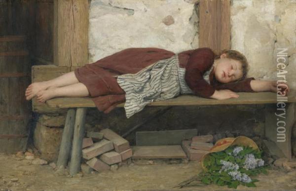 Sleeping Girl On A Wooden Bench Oil Painting - Albert Anker