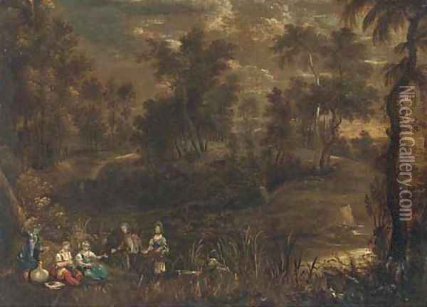 A wooded river landscape with elegant company in the foreground Oil Painting - Sir Peter Paul Rubens