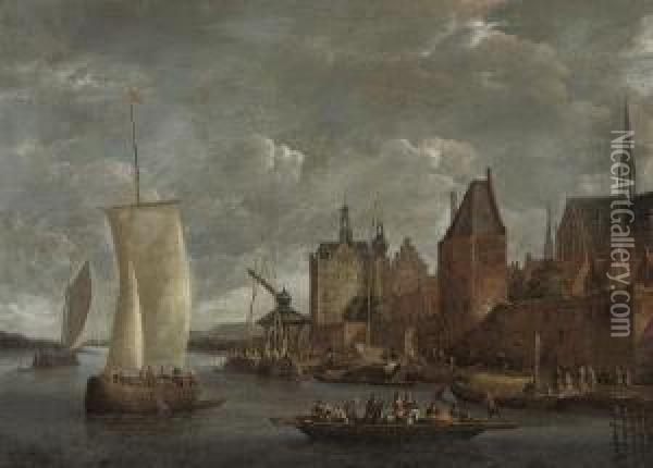 A River Landscape With Travellers On A Ferry Boat And Other Shipping By A Quayside Oil Painting - Jacobus Storck