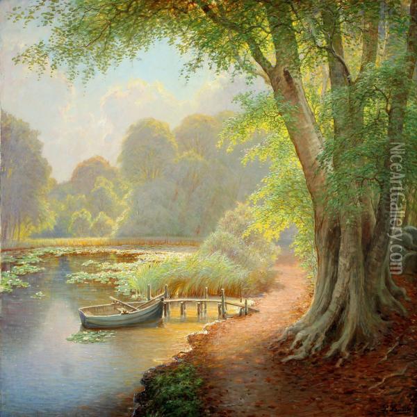 Forest Scenery With Lake And Rowing Boat At A Jetty Oil Painting - Peter Busch