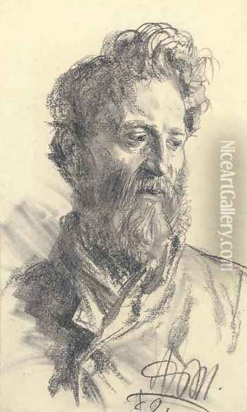 Head of a bearded man looking down to the right Oil Painting - Adolph von Menzel