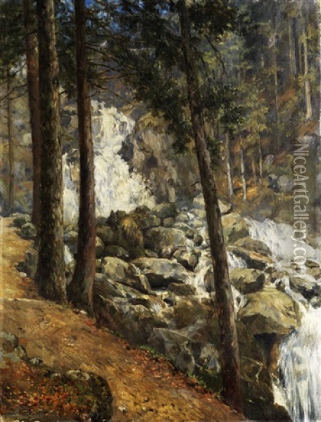 Waldlandschaft Mit Blick Auf Einen Felsigen Wasserfall Unter Baumen Oil Painting - Friedrich Wilhelm Keck
