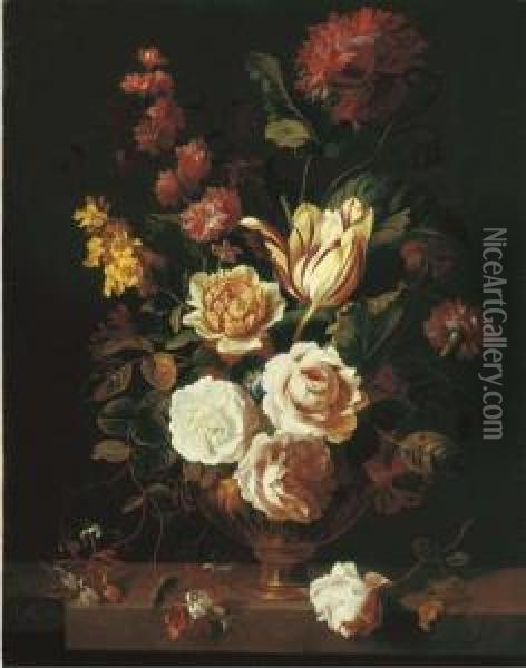 Roses, A Parrot Tulip, 
Carnations, Morning Glory, Honeysuckle And Other Flowers In An Urn On A 
Stone Ledge Oil Painting - Jakob Bogdani Eperjes C