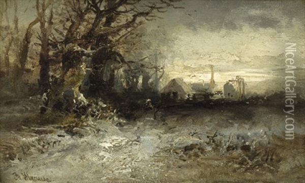 Winterdammerung Uber Einem Dorf Oil Painting - Franz Emil Krause