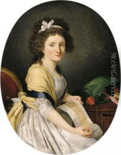 Portrait Of A Young Lady, Half Length, Seated By A Table, Holding Her Embroidery Oil Painting - Henri Pierre Danloux