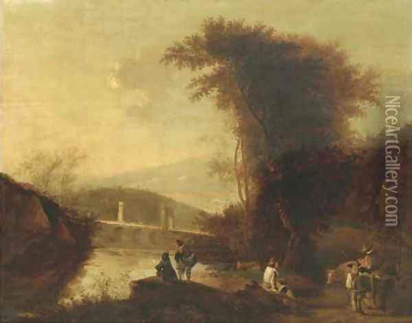 A mountainous river landscape with herdsmen and travellers on a path near a bridge Oil Painting - Jan Both