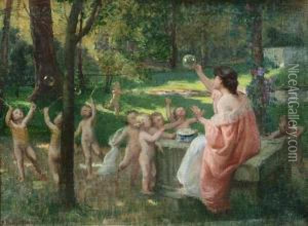 Jeune Femme Et Amours Dans Un Parc Oil Painting - Edouard Rosset-Granger