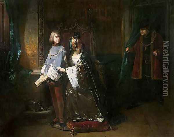 Louis XI of France surprising the Queen instructing the Dauphin contrary to his will Oil Painting - Claude Jacquand