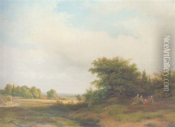 Summer Landcsape With Peasants Resting At The Edge Of A Wood Oil Painting - Jacob Jan van der Maaten