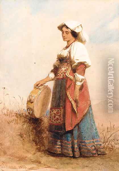 An Italian woman holding a tambourine Oil Painting - Carl Haag