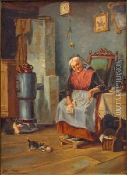 Grandma Knitting Oil Painting - Olaf Simony Jensen