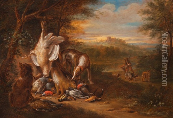 Hunting Booty In A Landscape (pair) Oil Painting - Adriaen de Gryef