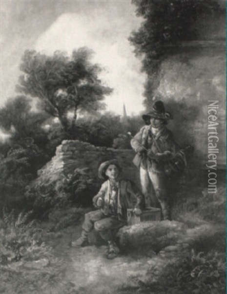 Travelling Boys With Performing Mice, In A Landscape Oil Painting - Thomas Barker