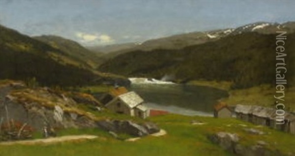 Norwegische Gebirgslandschaft Mit Bauernhausern Am See Oil Painting - Anders Guttormsen Wigdahl