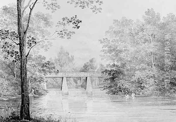 Bridge over Crumelbow Creek, David Hosack Estate, Hyde Park, New York (from Hosack Album) Oil Painting - Thomas Kelah Wharton
