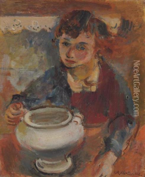 Boy With A Bowl Oil Painting - Abraham Mintchine