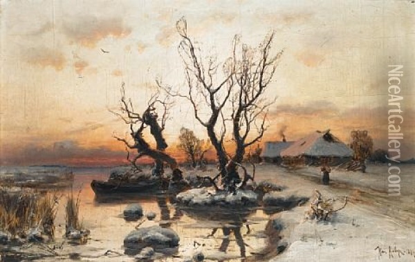 A Winter's Sunset Oil Painting - Yuliy Yulevich (Julius) Klever