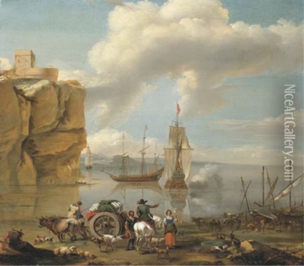 A Coastal Landscape With A Horseman, A Wagoner, Herdsmen And Stevedores, Three-masters And Mountains Beyond Oil Painting - Abraham Jansz. Begeyn