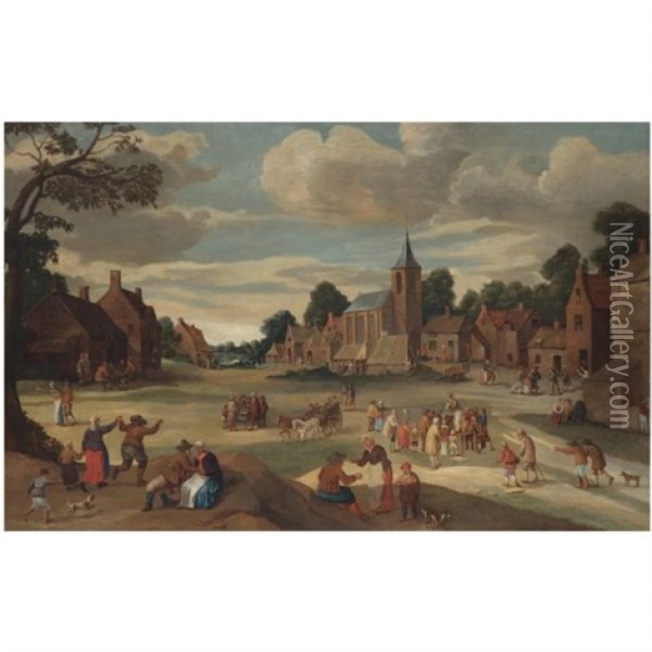 A Busy Village Scene With Numerous Figures, Near A Church Tower Oil Painting - Joost Cornelisz. Droochsloot