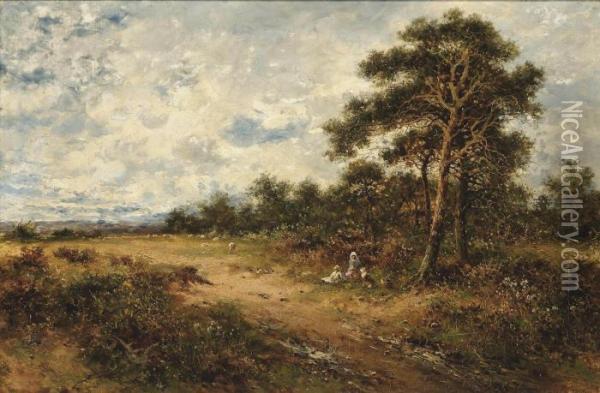 A Mother And Child With Their Dog Picnicking On The Edge Of A Heath Oil Painting - Benjamin Williams Leader