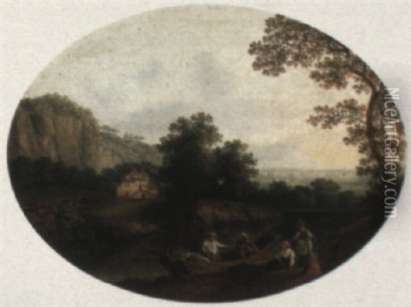 River Landscape With Figures Loading Up Their Rowing Boat Oil Painting - Jacob Philipp Hackert