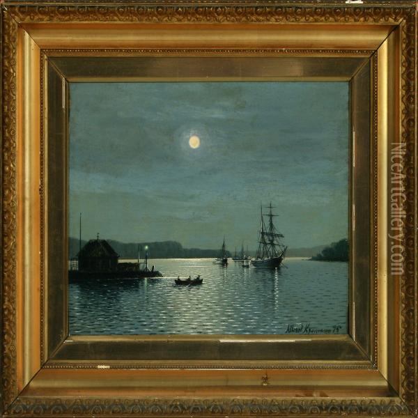Moonlight With Sailing Ships In The Roads, Svendborgsund Oil Painting - Albert Kromann