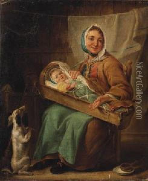 La Piemontoise: A Mother And Child With A Dog In An Interior Oil Painting - Noel Halle