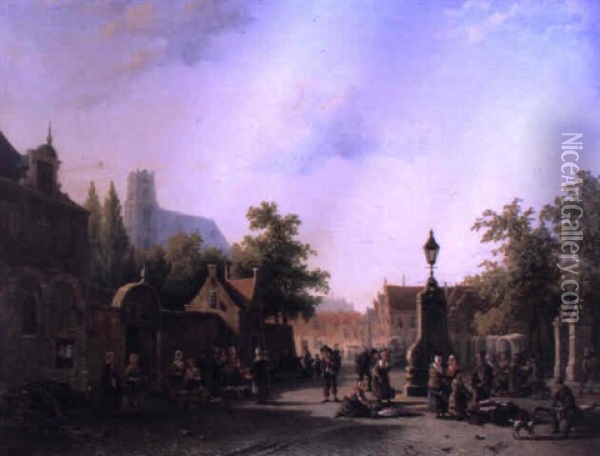 Figures In The Town Square, Leiden Oil Painting - Alexander Salomon Van Praag