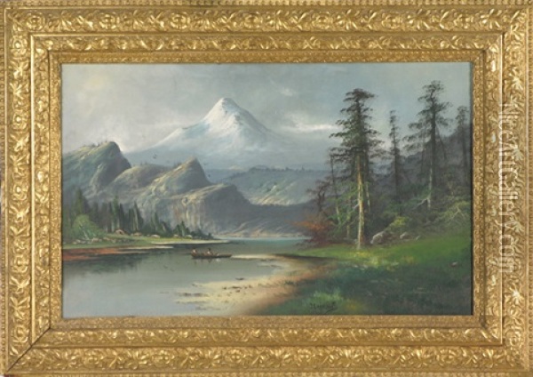 Mountain Landscape With Figures In Open Boat On Lake Oil Painting - Joseph John Engelhardt