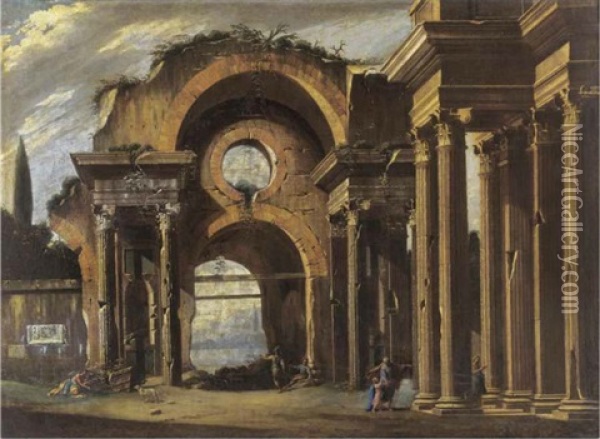 Basilica Of Constantine With Ionic Columns And Circular Opening Oil Painting - Niccolo Codazzi