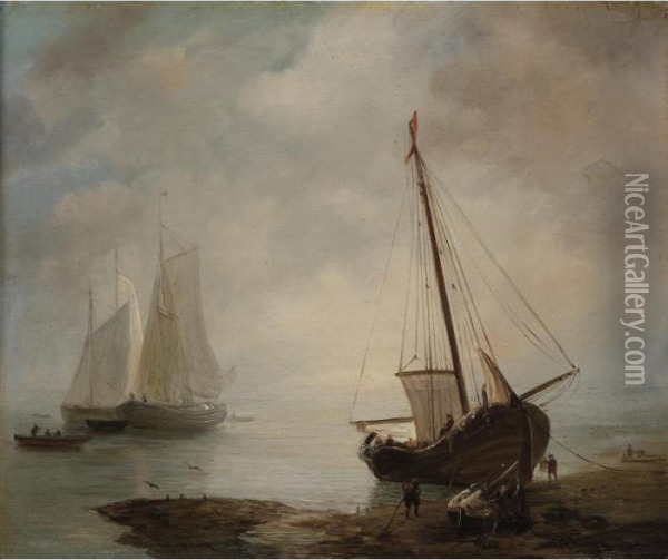 Fishing Boats Along The Shoreline Oil Painting - Jan van Os