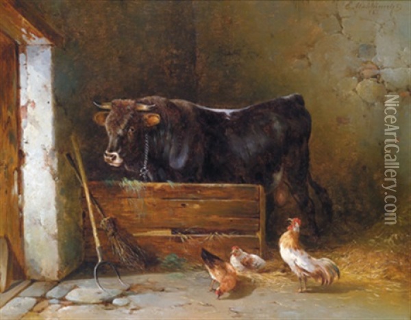 Im Stall Oil Painting - Edmund Mahlknecht