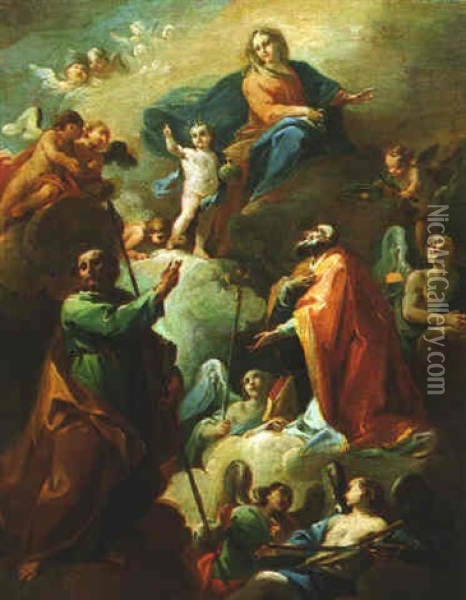 The Virgin And Child In Glory With A Bishop Saint, Saint Thomas Holding A Spear And Putti In Adoration Oil Painting - D. Francisco Bayeu y Subias