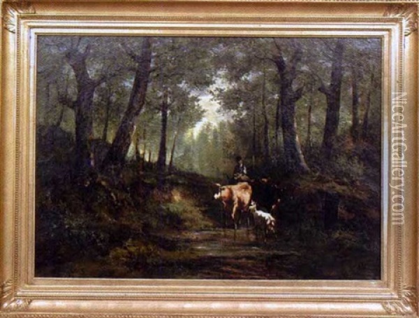 Troupeau Dans Le Sous-bois (in Collab. W/lefevre) Oil Painting - Louis Remy Matifas