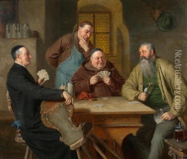 Hunter, Monk And Cardinal Playing Cards. 1905 Oil Painting - Eduard Von Grutzner