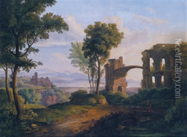 Klassische Landschaft Mit Ruinen Und Einem Hirten Mit Seiner Schafherde Oil Painting - Claude Lorrain