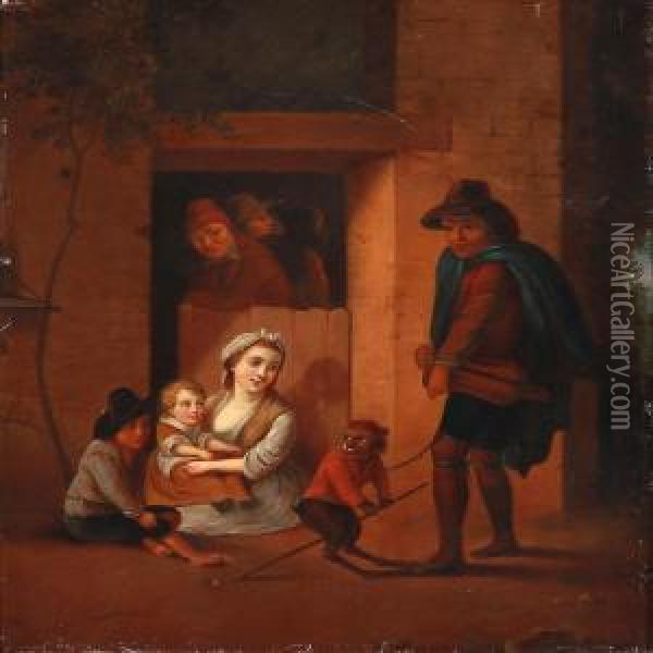 A Man Entertains A Family With His Monkey Oil Painting - Abraham Teniers