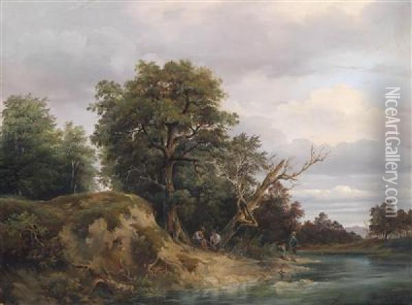 Fishermen By The River Oil Painting - Josef Feid