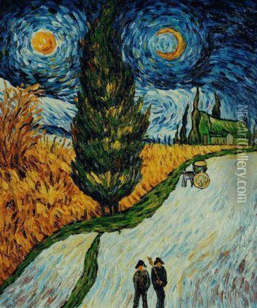 Road With Cypress And Star Oil Painting - Vincent Van Gogh