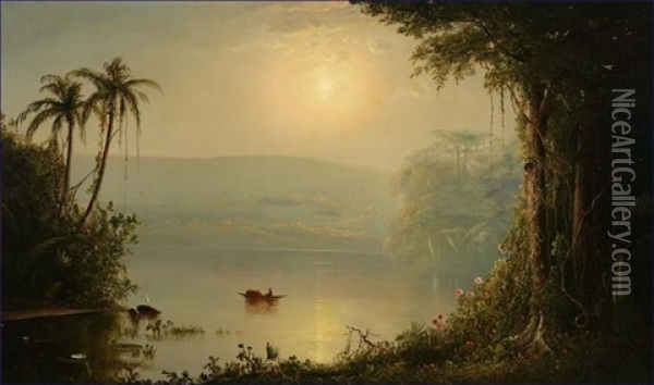 Punt In Tropical River Landscape Oil Painting - Norton Bush