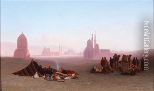 Cairo Desert Scene With Mosques Oil Painting - Charles Theodore (Frere Bey) Frere