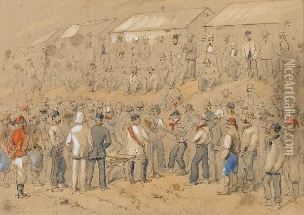 Evening Amusements Of British Troops In The Crimea; Lord Gough, Marshal Pelissier, And Staff, Inspecting The Troops Oil Painting - Robert Thomas Landells