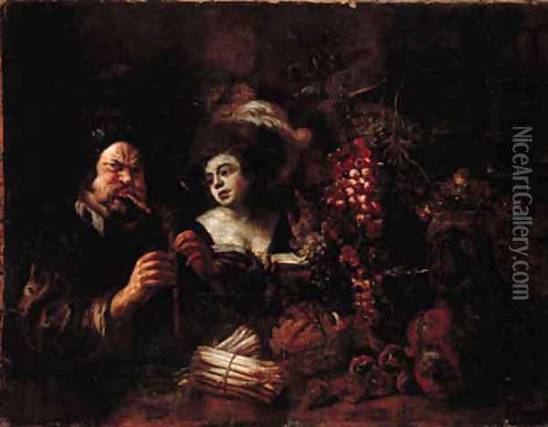 A bagpipe player and a lady by a table laden with fruit Oil Painting - Jacob Jordaens