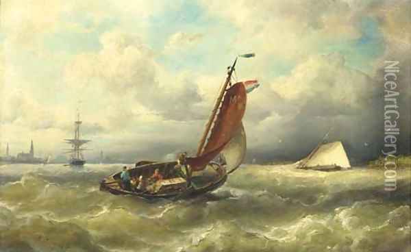 A barge from Marken on the IJ, Amsterdam in the distance Oil Painting - Nicolaas Riegen